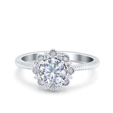 Halo Floral Style Art Deco Round Wedding Engagement Ring Simulated Cubic Zirconia 925 Sterling Silver